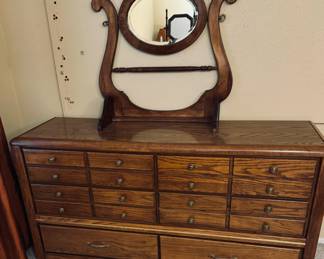 BROWN WOOD FRAME WITH BEVEL MIRROR FOR DRESSER. Vintage 6 Drawer Wood Dresser.