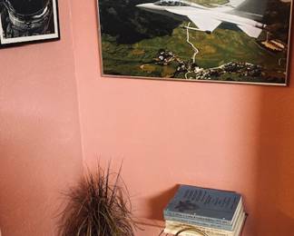 Aviation Wall Art, Collectable West Point Books and Decorative Wicker Vase.