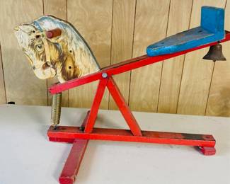 Vintage 1950's Gong Bell Ride On Bronco Rider Rocking Horse.