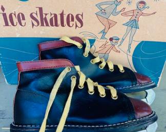 Vintage Children's Sears Ice Skates Leather Skates, Boxed, Brown & Black.