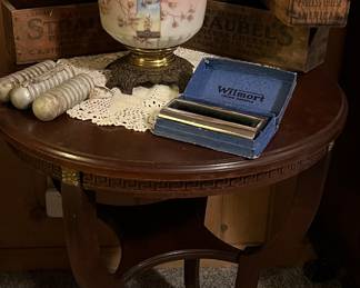 Side table, lamp, wooden cheese boxes, table butler, aluminum floats