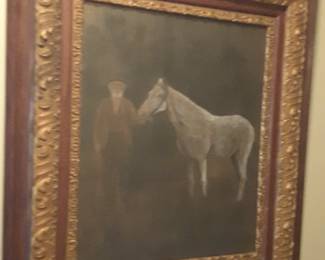 I am so intrigued by this picture. It actually appears to be a drawing done with colored oil pencils?? And also appears to be done on wood, not canvas. There is some family history written on the back of it giving information about the man and horse.