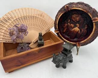 Stone Ashtray with Brass and Wooden Items