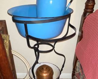 Enamel Pitcher & Bowl, Wrought Iron Wash Bowl Stand