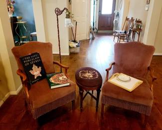 Vintage Velour Arm Chairs, Needlepoint Stool