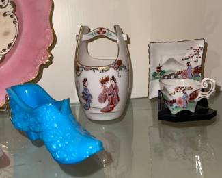 Blue Fenton Shoe, Asian Hand Painted Pieces
