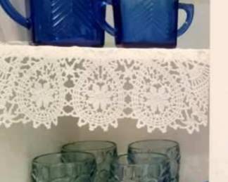 Chevron Cobalt Blue Pitchers, Fostoria Moonstone Green Ice Tea Glasses