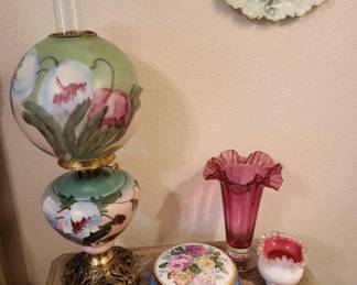 Gone with wind Lamp, Cranberry Vase, More Hand Painted Trinket Boxes, Fenton Ruffle Bowl