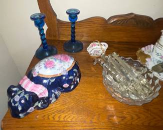 Floral Cat, Glass Prisms, Cobalt Candle Holders 