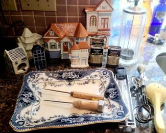 English Blue Transfer Platter, Variety of Houses Egg Beater, Ice Picks, Spice Tins