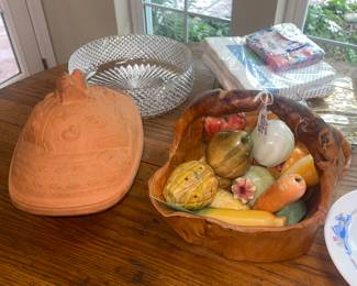 Clay Baker, Italian Stone Fruit, Carved Wooden Bowl