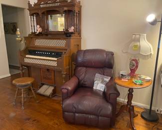 Brown Recliner, Oval Side Table, Vintage Japan Lamp 