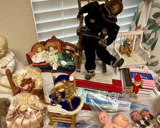 Old cloth clown, small porcelain dolls, small chairs, vintage Skip Bo  game, Pinocchio  