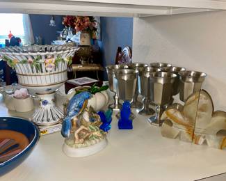 Gorman Wine Goblets Pewter, Marble Bookends, Fenton Bird, Musical Bird Figurine