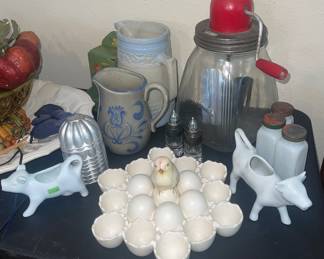 jello Mold, Egg Holder, Cow Creamers, Butter Churn,  More Salt Glaze Pitchers, Shakers