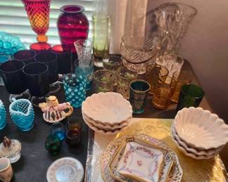 Reticulated Plates, Shell Dishes, Press Glass Ice Bucket,  Ruby Goblets