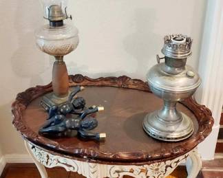 Coffee Table, Old Oil Lamps, Cherub Candle Sconces 