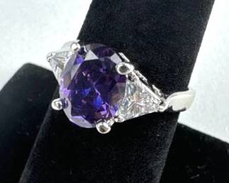 925 Silver Large Amethyst and CZ Ring