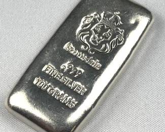 100g Silver Bar Scottsdale Lion Poured .999