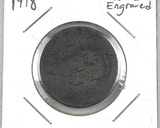 1918 WWI Trench Art Engraved Coin 92 Div.