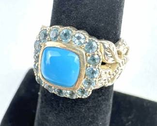 925 Silver Turquoise & Blue Topaz Leaf Band Ring