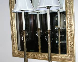 Pair of Brass Trumpet Candlesticks. The "mouthpieces" fitted with electric candle-look fonts and cloth shades. Mid-century. Excellent condition. Asking $240 for the pair.