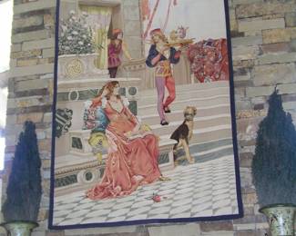 Late 1800s Antique Continental Art Tapestry. Court scene of a lady seated in courtyard near a seated hound, as courtier descends the steps carrying a tray. 96"x60". Slight color fade. Excellent condition. Asking $3,995.