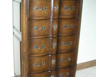 Mid-Century Walnut French Provincial Highboy Dresser. Scalloped front, cabriolet legs, cast brass hardware. Excellent condition. Asking $475. 