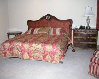 Italian Pierce Rococo Carved and Padded Headboard / Bed. Covered in silk. King Size. Excellent condition. Asking $395. Linens not included.