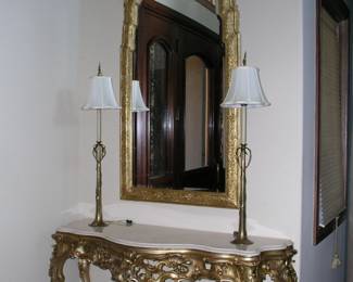 Vintage Italian Renaissance Revival Plaster-Gilt Mirror. Conforming beveled glass, the top has feather and foliate decoration, stepping out from top to bottom. Excellent condition. Asking $795.