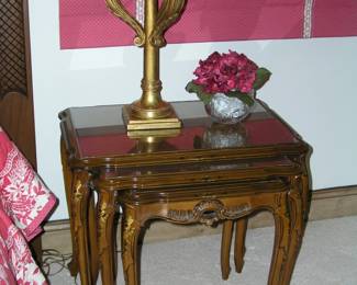 Vintage French Provincial Italian Nesting Tables. Set of 3. Glass covered molded tops, cabriole legs. Excellent condition. Asking $245.