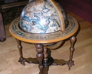 Large Vintage Globe Cocktail Bar, antique graphics, ornate frame on cross-stretcher, 40"x30". Excellent condition. Asking $595. 