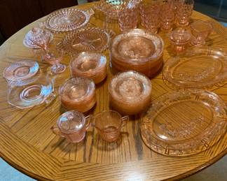pink depression glass, Sharon Cabbage Rose and cubist