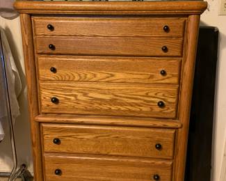 Arbeck 6 drawer solid oak tall boy, matching night stand and queen size headboard (not pictured)