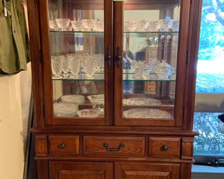 Broyhill lighted china cabinet with Fostoria dishes