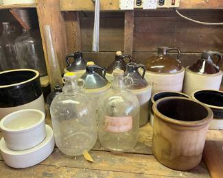 Assorted crocks and glass