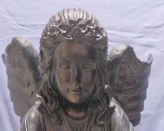 One of a kind ANGEL GARDEN PLANTER / BIRDBATH.

Life size angel holds a large bowl for planting your favorite flowers or for a gorgeous birdbath. 

Finished in an antique bronze finish.
Base 29” Tall.  Wingspan  36”  
