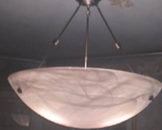 Alabaster Hanging Ceiling Fixture  Apx. 36”L x 27”W.  Buyer responsible to hire licensed electrician to disconnect and remove fixture from ceiling.