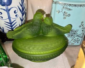 Vintage green glass lidded bird bowl.