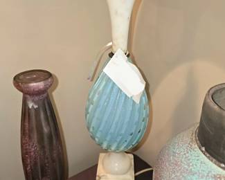 Marble and blue glass lamp.