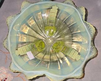 Iridescent vintage Yellow 3 footed bowl.