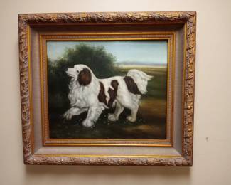 Framed dog painting signed Tom Davis.  33"w by 29.5"L.