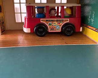 A128 - $80 Fisher Price School House SET. Includes 11 People, 2 Slides, Merry Go Round, Desk, 2 Chairs
