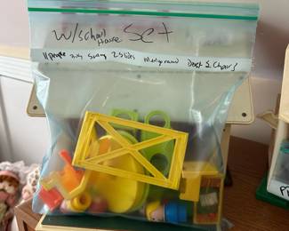 A128 - $80 Fisher Price School House SET. Includes 11 People, 2 Slides, Merry Go Round, Desk, 2 Chairs