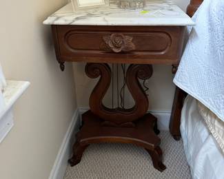 A43 - $60.  Marble top night stand - Measures 18" wide, 14" deep, 28" tall. Very good vintage condition - single drawer. Pelham, Shell & Leckie. Montgomery, Alabama. 