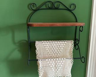 A82 - $10 Small Wall Shelf with bars to hang towels- Measures 12" wide, 14" tall, 5" deep