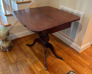 A12 - $145. Lyre Pedestal Base Game Table. Measures 32" wide x 16" deep (folded 1/2) x 29.5" tall. 