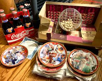 Vintage Calendar Coke plates with COA, Collectible Broncos/Coke 6 pack, Persuasion mfg vintage Bingo game