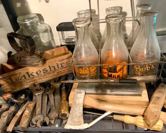Vintage Milk Bottles with Wire Carrier, ANTIQUE TOOLS of all kinds, Antique Iron