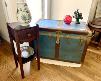 Cute small wood table and Blue Leather Steamer Trunk